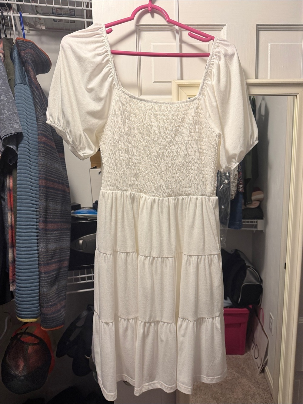 Women’s White Tiered Smocked Midi Dress with Puff Sleeves